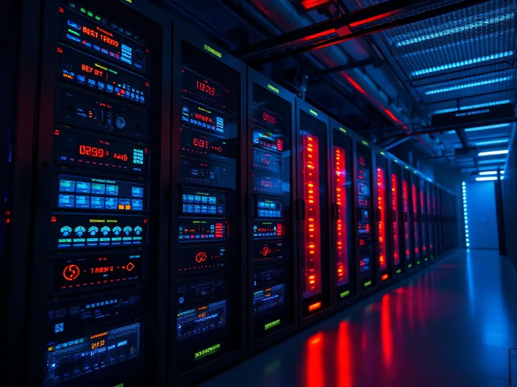 A high-tech server room with glowing blue and amber indicato